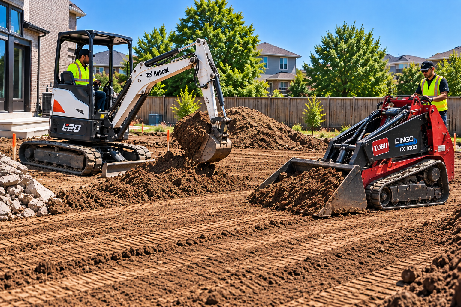 Grading and dirt removal using compact excavation equipment